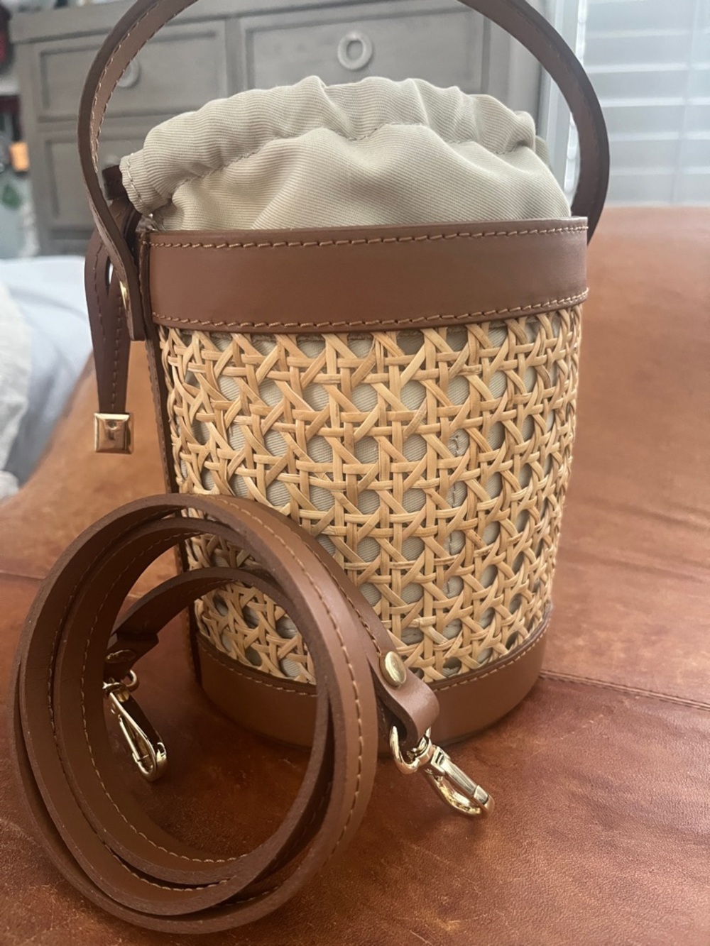 Jijou Chantel Capri Woven Straw Bucket Bag with Brown Leather Trim